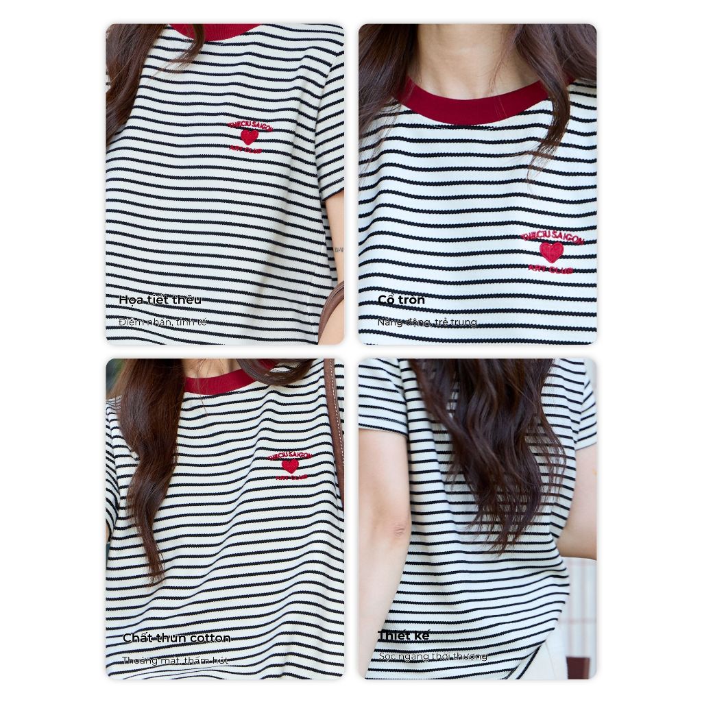 Áo thun sọc ngang tay ngắn nữ thêu chữ THE C.I.U, áo phông cotton freesize basic trẻ trung dễ phối đồ - Mia Tee | BigBuy360 - bigbuy360.vn