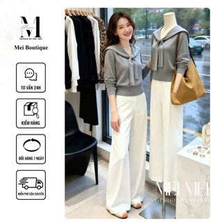 Bộ Đồ Nữ MeiMei Thu Đông Áo Cổ Thủy Thủ Tay Dài Màu Xám Phối Quần Trắng Ống Suông Phong Cách Hàn Quốc ST23324 Ver2