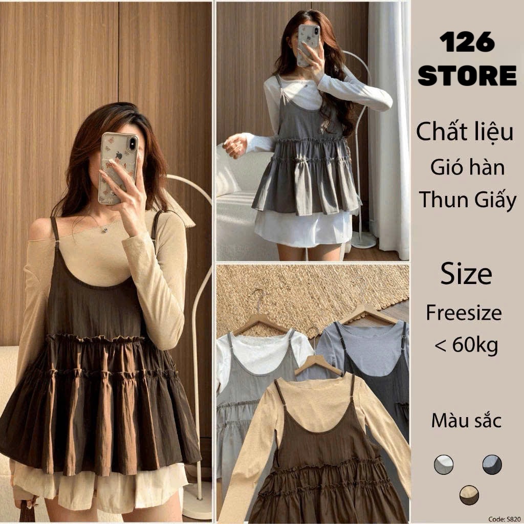 Set Yếm 2 Dây Gió Hàn Bèo Tầng Kèm Áo Thun Giấy 12 THÁNG SÁU MA802