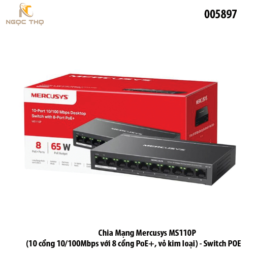 Switch PoE Mercusys MS110P – Chia mạng PoE -  8 cổng Poe | 2 uplink | 10/100Mbps | 65W | Vỏ kim loại