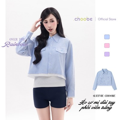 [ MỞ BÁN] Áo sơ mi nữ Sleevie Choobe dáng lửng chất vải dày dặn phối viền trắng hoạ tiết kẻ sọc kèm hình thêu ASM10