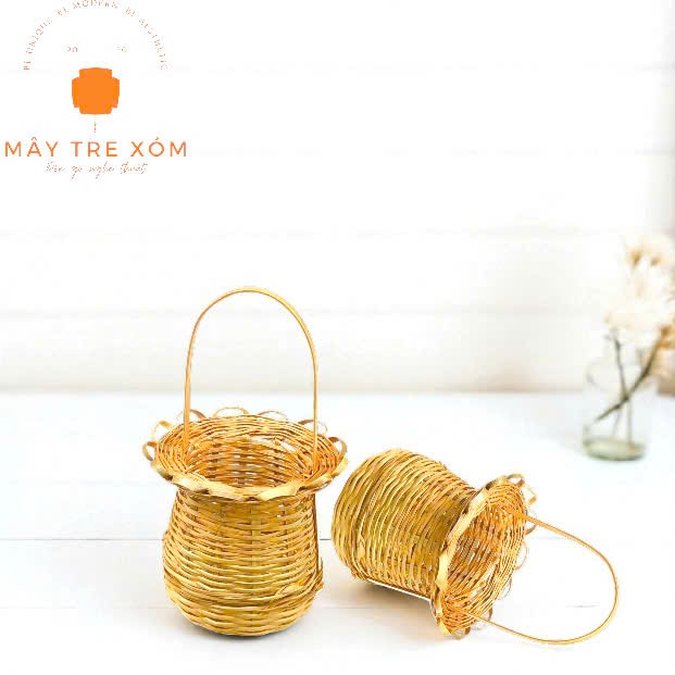 Giỏ tre cắm hoa mini trang trí, decor tiểu cảnh