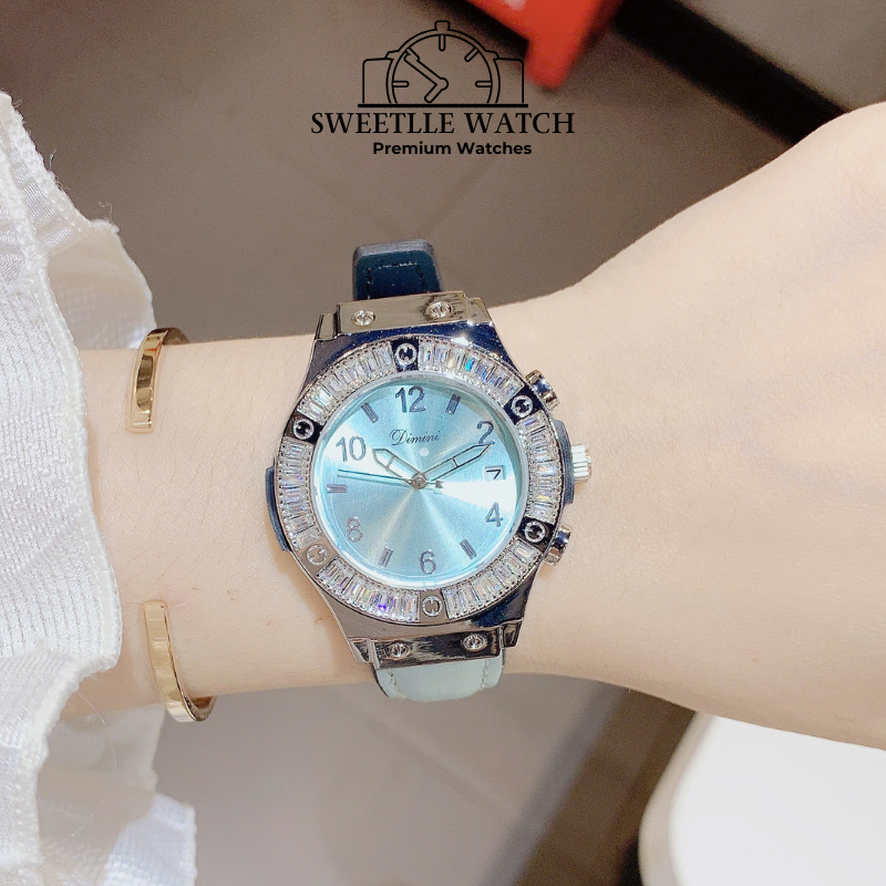 Đồng Hồ Nữ Dimini G012 Đá Ống Xám Dây Silicon Bọc Da Nhung Cao Cấp