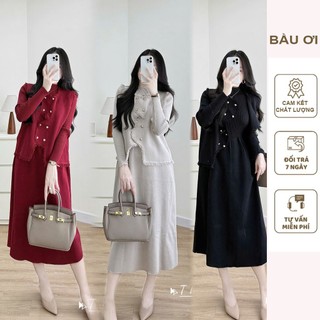  Đầm bầu cổ 3 phân dài tay len ép Quảng Châu cao cấp áo gile cài cúc điệu đà và váy thời trang mẫu mới X588 