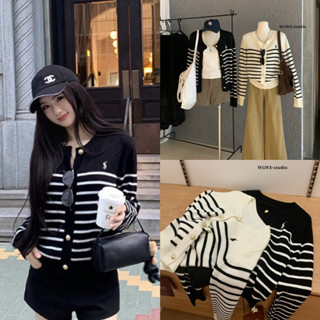  LEMONA x WGWE - Áo Khoác Len Cardigan  Sọc Ngang Thêu Ngựa W7760# 