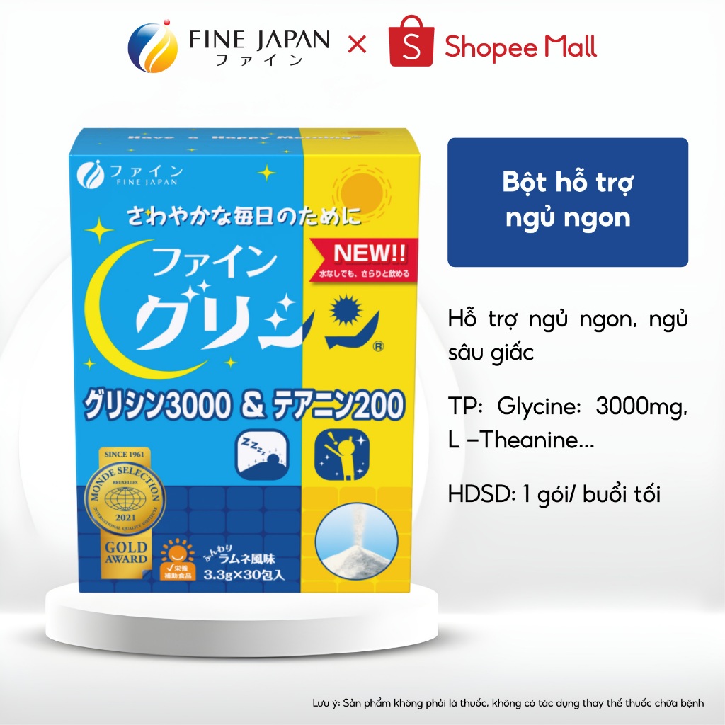 Bột hỗ trợ ngủ ngon và sâu giấc Glycine & Theanine FINE JAPAN hộp 30 thanh