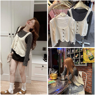  THE2001STORE | Set áo 2 dây len nữ mix áo giữ nhiệt hoa nhí phong cách thời trang Hàn Quốc 