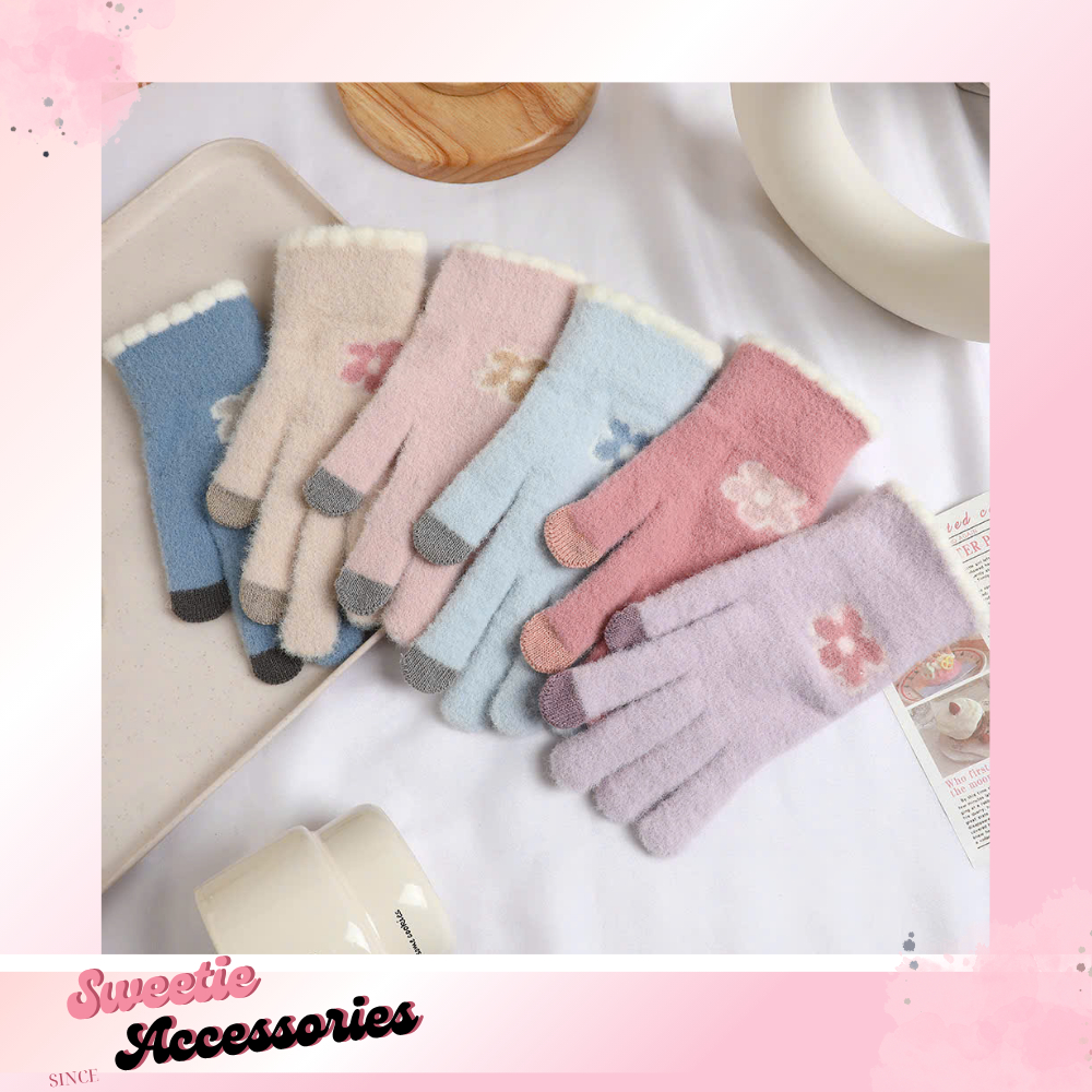 [GT50] 🌸 Găng Tay Len Lông Cừu 4 Chiều Giữ Ấm - Họa Tiết Hoa Paste Chạm Cảm Ứng Điện Thoại