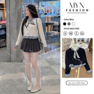  Áo Len Nữ Dài Tay Cổ Gắn Nơ Dáng Tiểu Thư Áo Len Tiểu Thư Cổ Đính Ngọc Phối Viền Kẻ Buộc Nơ Viền Tay Bèo Tiểu Thư 