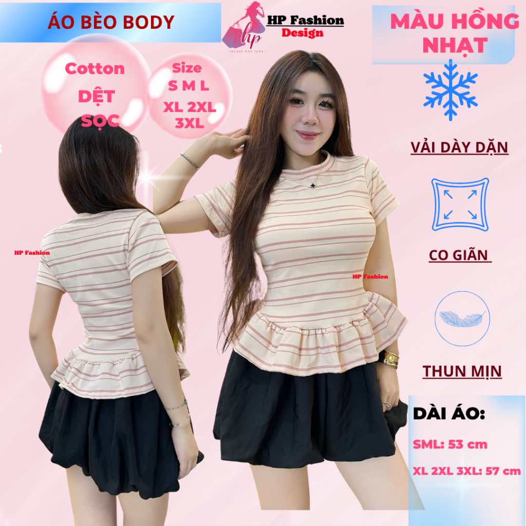 Áo thun tay ngắn sọc viền lai bèo nữ chiết eo basic cổ tròn, áo phông nữ ôm body cộc ngắn tay vải cao cấp HP67 | BigBuy360 - bigbuy360.vn