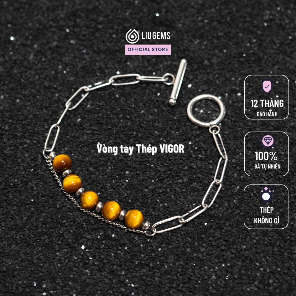 Vòng Tay Nam Thép Không Gỉ Liugems Vigor Mắt Xích Mix 5 Viên Đá Tự Nhiên Unisex, Ý Nghĩa VT04
