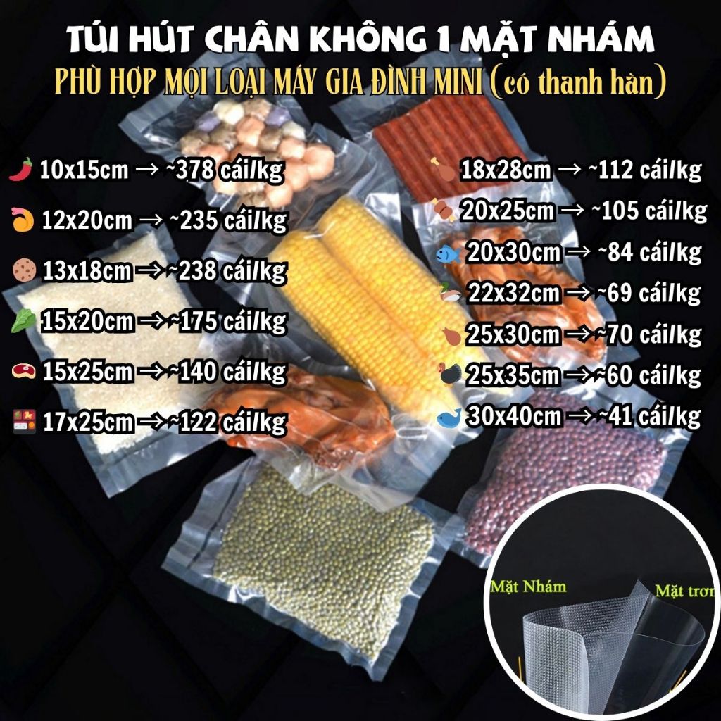 🧺 [Rẻ nhất] 1kg Túi hút chân không thực phẩm/ Túi PA 1 mặt nhám 1 mặt trơn – Hút nhanh, kín chặt - Có bán lẻ 200gr/500gr