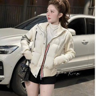  Áo Khoác Phao Nữ Bản Tay Len Co Dãn Ấm Áp Phối Sọc Tay Đơn Giản Bản Trần Bông 3 Lớp Dày Dặn 