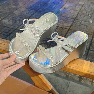 Dép Nữ đế Xuồng X39 2 quai đính đá cao 9cm sang chảnh mũi vuông màu bạc/đen/trắng có phối nơ xinh xắn