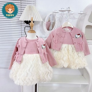 Đầm, váy tầng sóng kèm áo khoác cadigan thêu hello kitty (2 chi tiết)