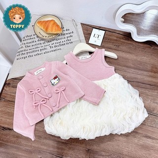 Đầm, váy tầng sóng kèm áo khoác cadigan thêu hello kitty (2 chi tiết)