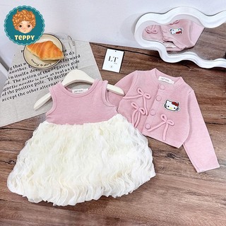 Đầm, váy tầng sóng kèm áo khoác cadigan thêu hello kitty (2 chi tiết)