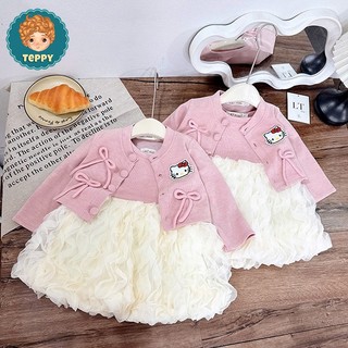 Đầm, váy tầng sóng kèm áo khoác cadigan thêu hello kitty (2 chi tiết)