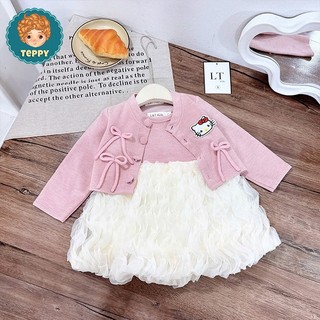 Đầm, váy tầng sóng kèm áo khoác cadigan thêu hello kitty (2 chi tiết)