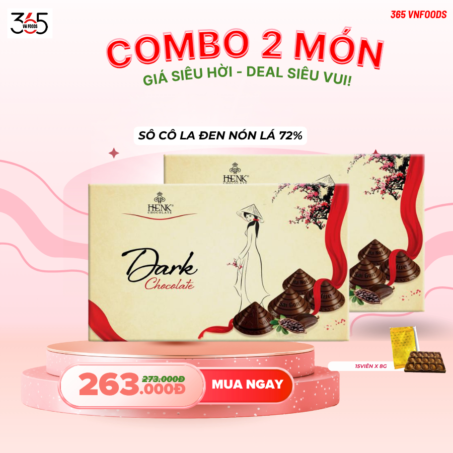 Comboo 2 Hộp Socola Đen 65% Nón Lá Việt Nam HENK MEKONG CHOCOLATE Cao Cấp Hộp 120g