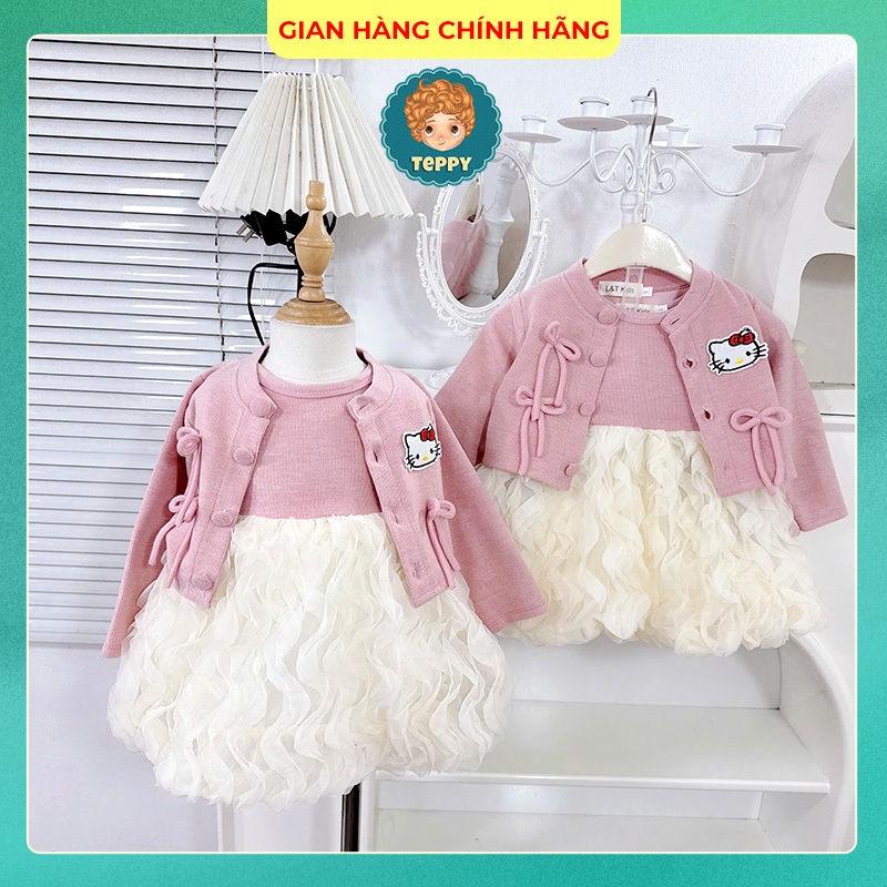 Đầm, váy tầng sóng kèm áo khoác cadigan thêu hello kitty (2 chi tiết)