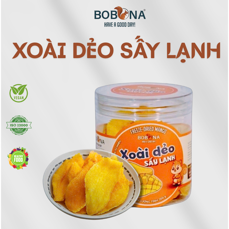 Xoài Dẻo Sấy Lạnh BOBONA Ăn Liền Tiện Lợi Hũ 200g thơm ngon dễ sử dụng không chất bảo quản