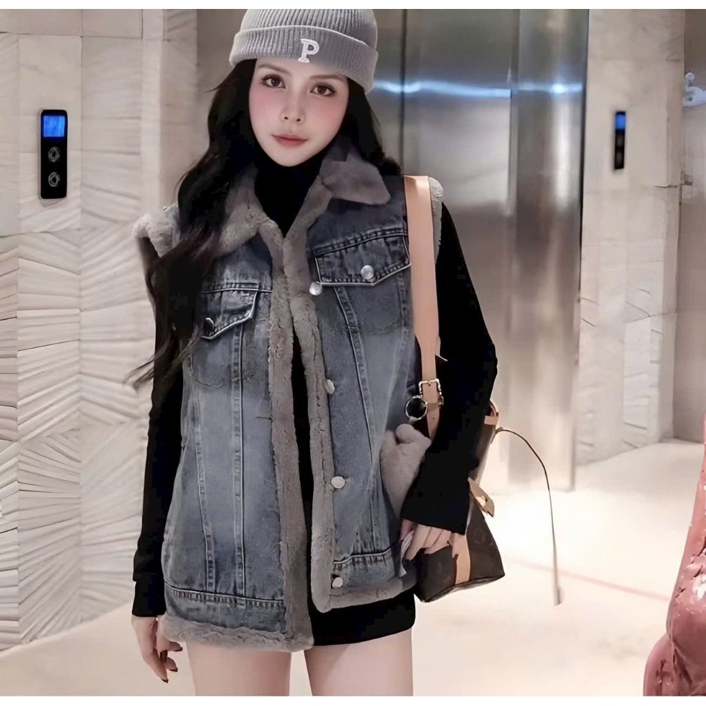 Áo jean gile nữ lót lông siêu ấm, Áo gile jean nữ cổ bẻ sang chảnh