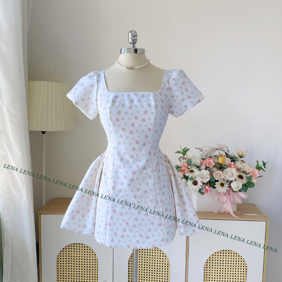(Có Bigsize) LENA 3150 Đầm chấm bi tay phồng cổ vuông dáng xòe cột nơ lưng | BigBuy360 - bigbuy360.vn