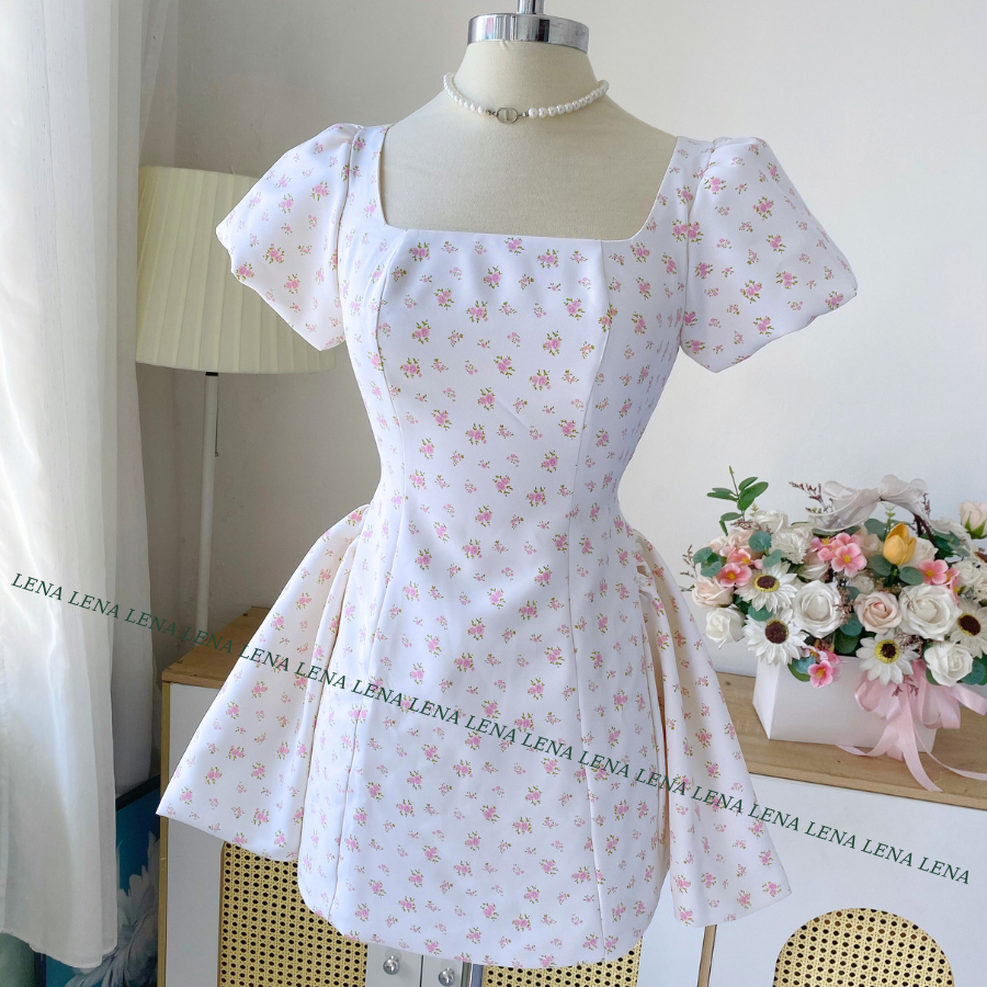 (Có Bigsize) LENA 3150 Đầm chấm bi tay phồng cổ vuông dáng xòe cột nơ lưng | BigBuy360 - bigbuy360.vn