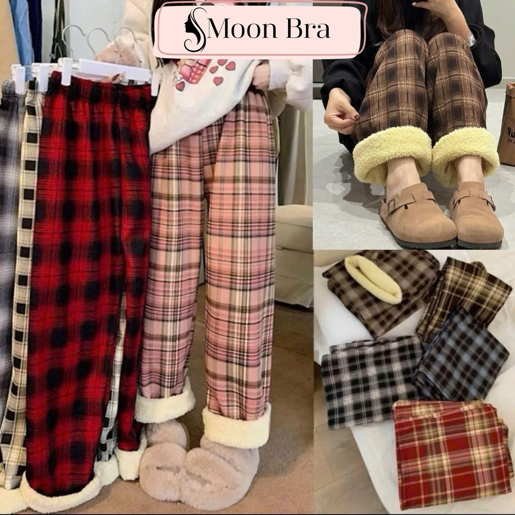 [QL16] Quần Kẻ Lót Lông Siêu Ấm Quần Ca Rô Nữ Ống Rộng Dáng Suông Giữ Nhiệt Mùa Đông Kẻ Sọc