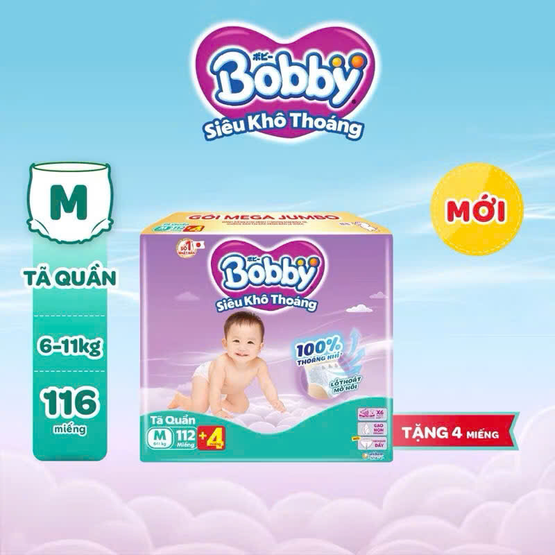 [TẶNG MIẾNG ] Tã quần Bobby Mega Jumbo Khô Thoáng - 100% Thoáng Khí M112/L96/XL84