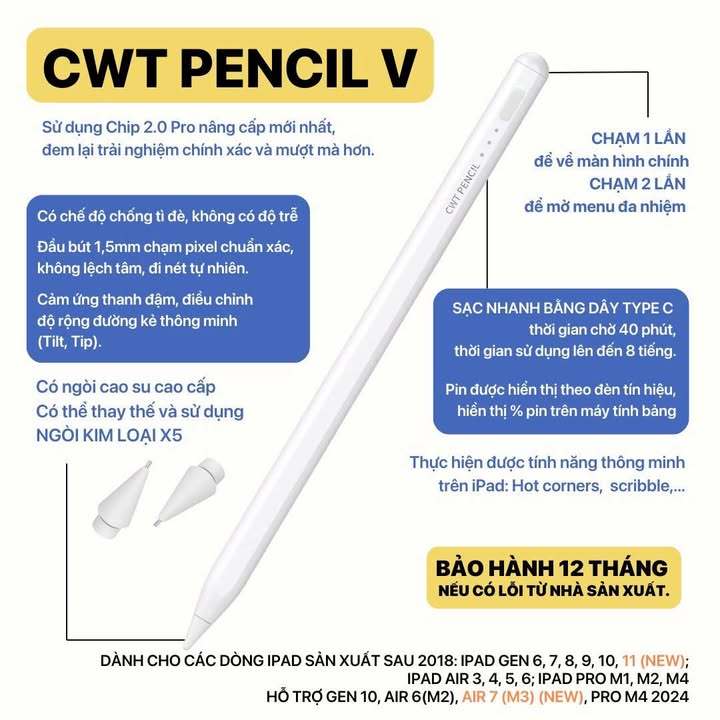 Bút Cảm Ứng CWT PENCIL V 2024 cho các dòng máy tính bảng IOS, trợ sạc nhanh, ngòi kim loại ( Trừ min
