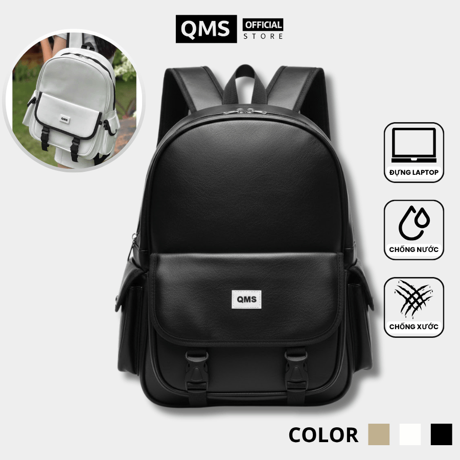 Balo Da PU, Cặp Da QMS Unisex Đứng Form Nhiều Ngăn Đựng Laptop 15.6 Inch – QMS Balo
