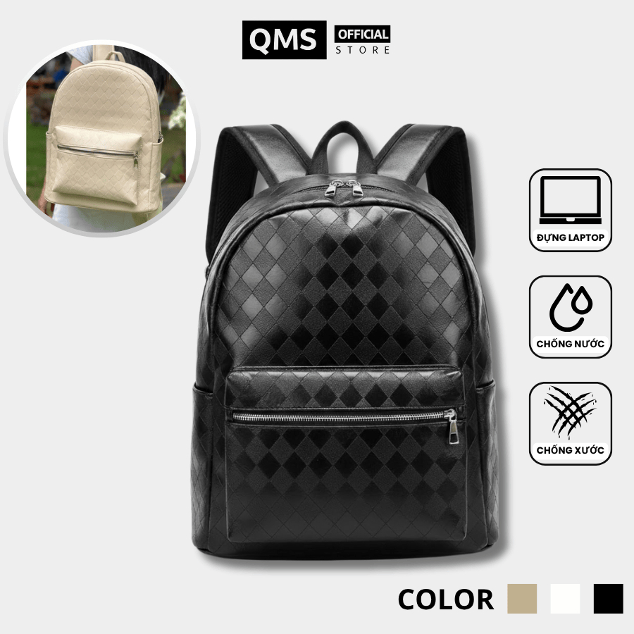 Balo da, Cặp da PU họa tiết kẻ caro QMS đứng form chống nước đựng laptop nhiều ngăn – QMS Balo
