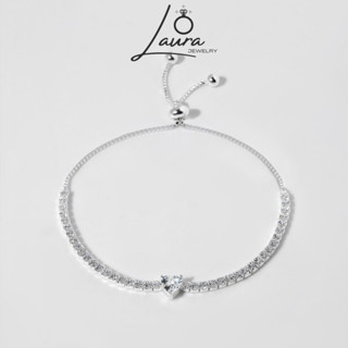  Lắc tay bạc nữ Laura Jewelry Vòng tay full dải đá mặt tim cá tính trang sức nữ bạc đính đá trái tim LT0277 