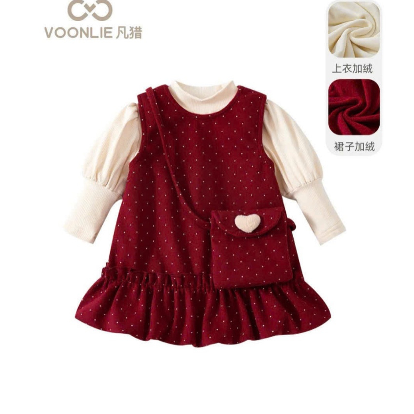 [TẶNG TÚI] Váy mùa thu bé gái, set noel bé gái 3CT áo len tay bồng mix váy dạ chấm bi kèm túi 10-22k