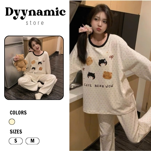 [VOUCHER 15k 15.1]Set Đồ Ngủ Nữ Dài Tay Họa Tiết Gấu Chấm Bi Chất Mềm Mịn Mặc Nhà Dễ Thương Dyynamic