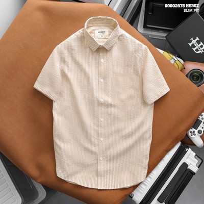 Áo sơ mi nam Heboz ngắn tay linen heritage 3M, áo sơ mi nam vải sọc ngắn tay công sở - 00002875