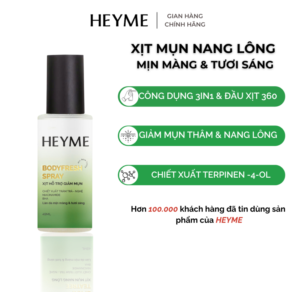 Xịt hỗ trợ giảm mụn body – Heyme Bodyfresh Spray | Làm thoáng lỗ chân lông & nang lông, góp phần ngă