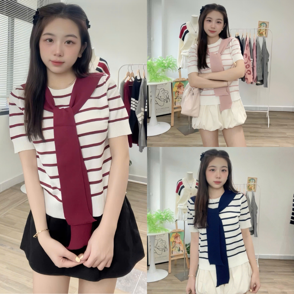 (TẶNG KHĂN CHOÀNG) Áo Len Kẻ Ngang Cổ Tròn Tay Ngắn, Labibi