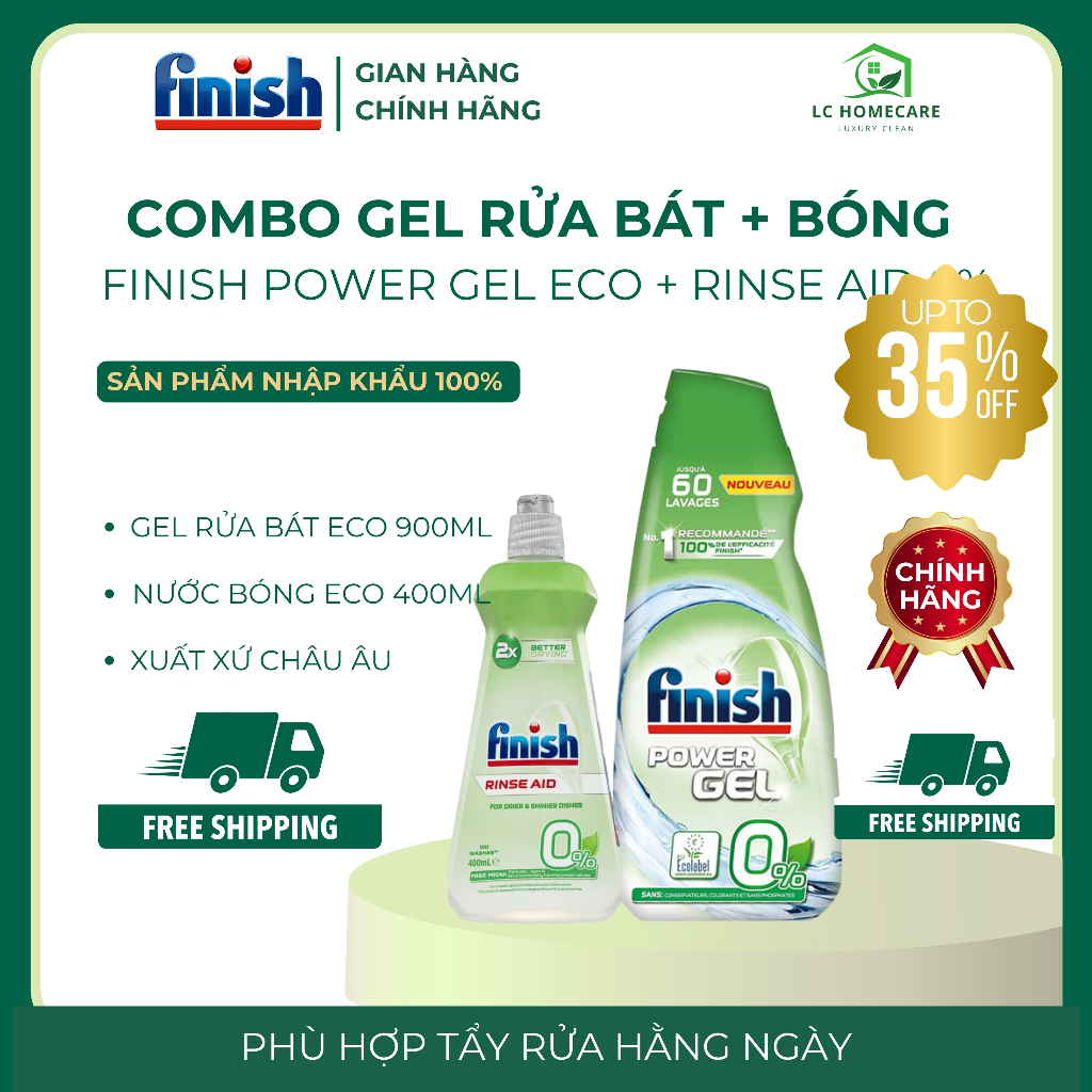 Combo Gel Rửa Chén Bát Finish Power Gel ECO 900ml + Nước Bóng Finish ECO 400ml Chính Hãng