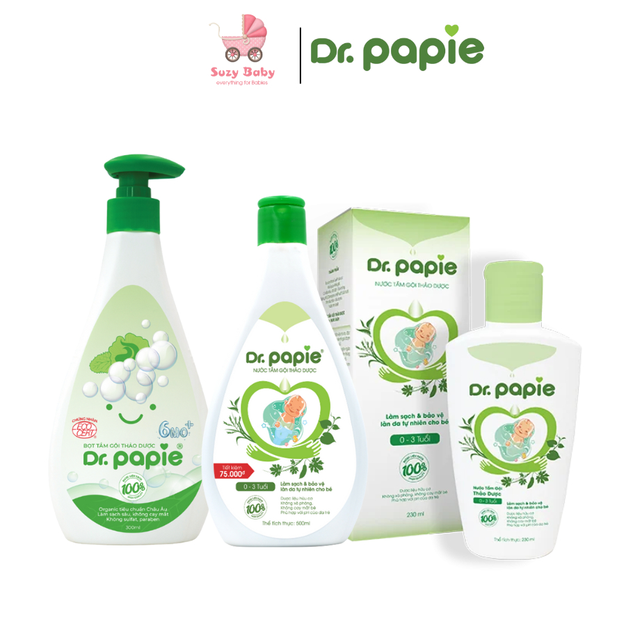 Sữa tắm thảo dược Dr papie 0m+ 230ml 500ml, Bọt tắm gội tảo dược Dr Papie 6m+