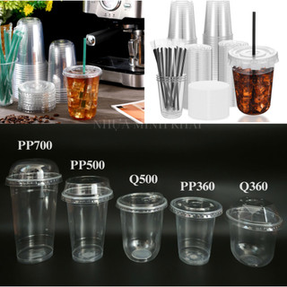 Set 50 cốc nhựa dùng một lần 360ml 500ml 700ml kèm nắp các loại đựng cafe trà sữa 