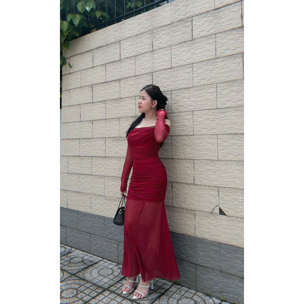Váy đi tiệc nữ bẹt vai tay dài dáng dài đuôi cá tôn dáng