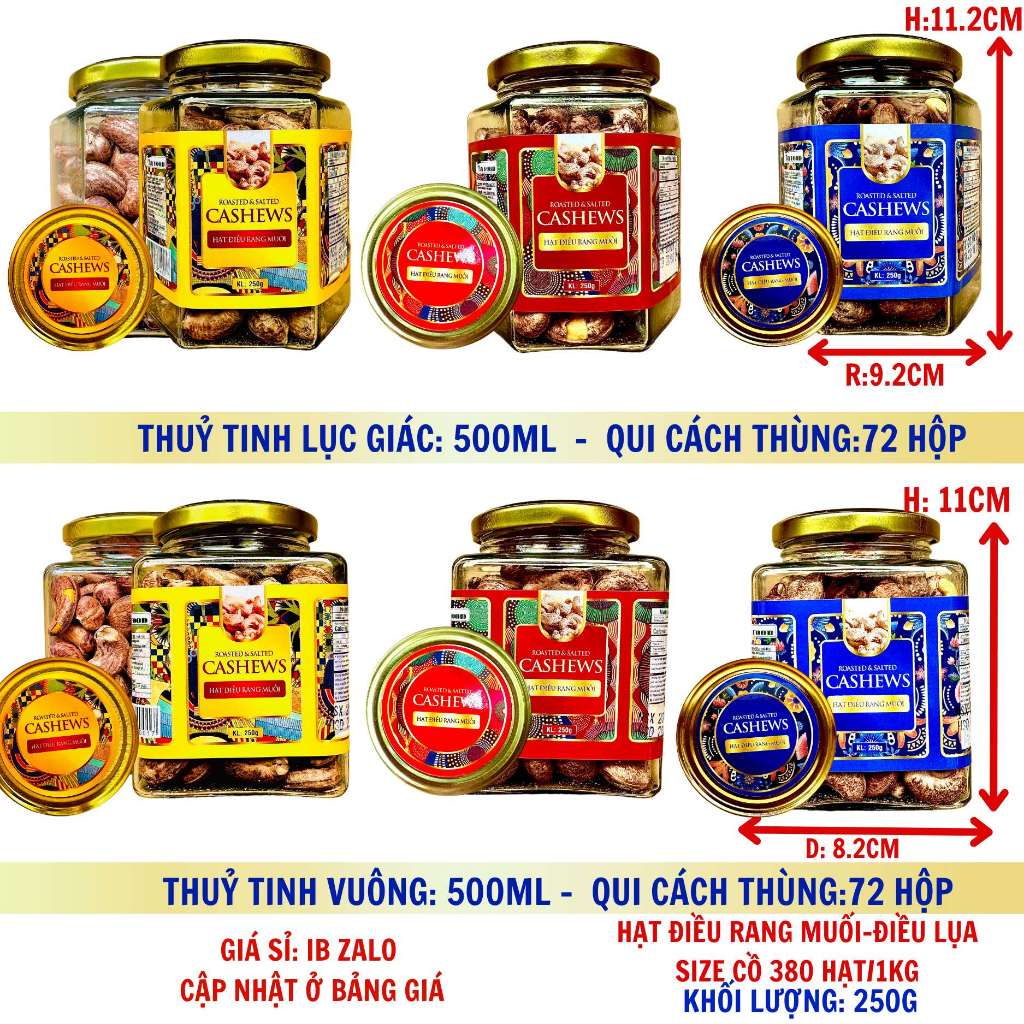 Điều Lụa Size Cồ 380 Hạt/1KG Hủ thủy tinh Lục giác, vuông 380ml - 500ml Hạt dinh dưỡng