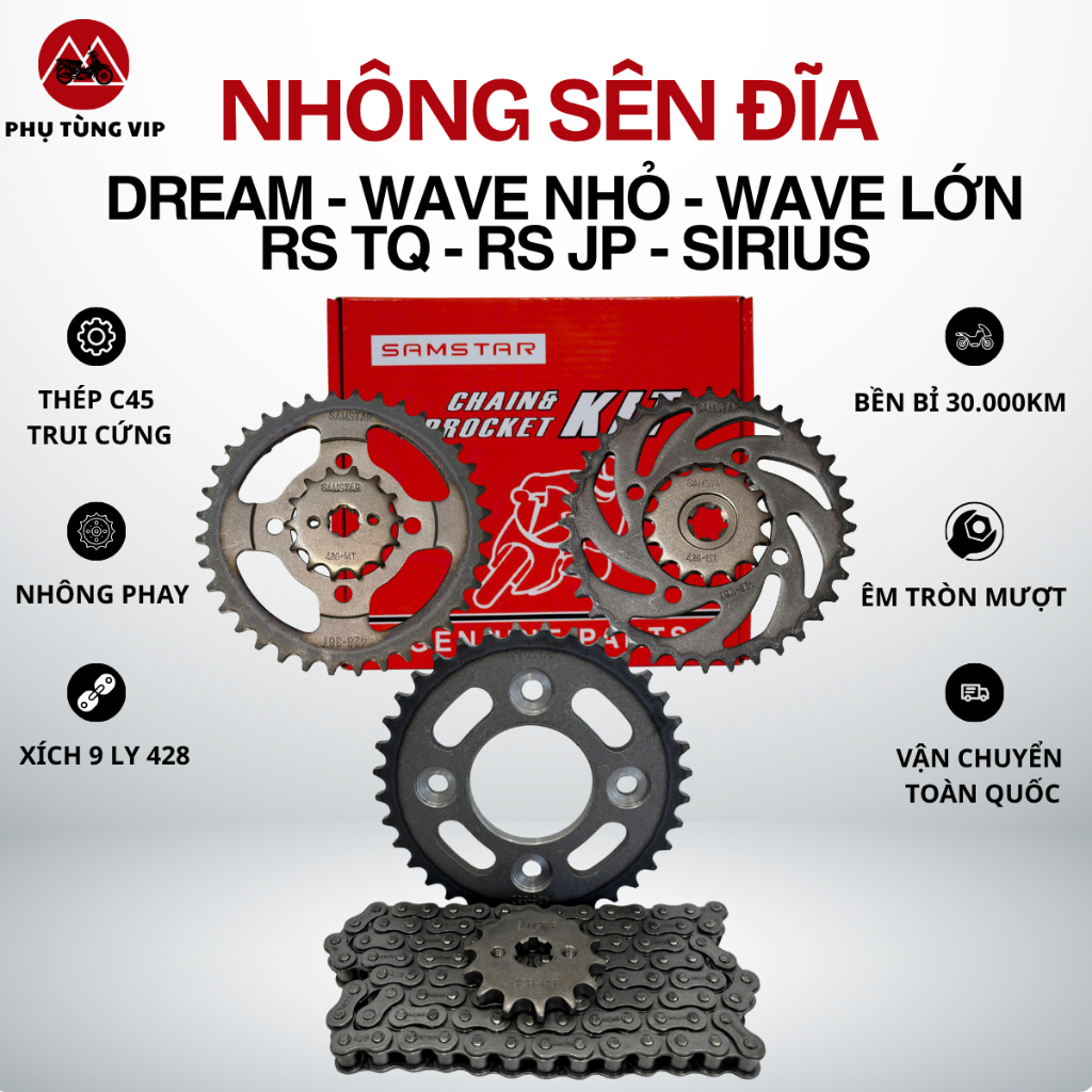 Nhông Sên Dĩa SAMSTAR cho xe Dream/Wave RS/alpha/ S/S110/ RSX/ Future/ Sirius sên 9 ly nhông phay