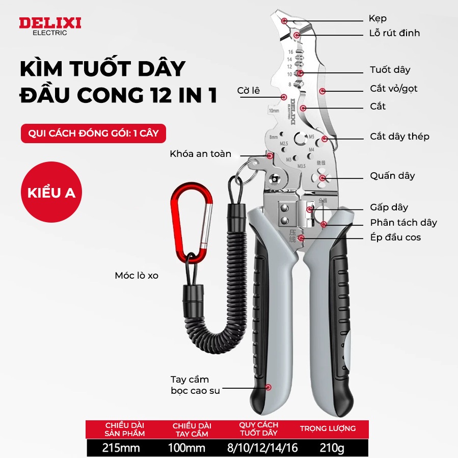 Kìm Tuốt Dây Điện Đa Năng DELIXI chất liệu thép CRV Không Gỉ Chuẩn Công Nghiệp Cho Thợ Điện Gia Đình
