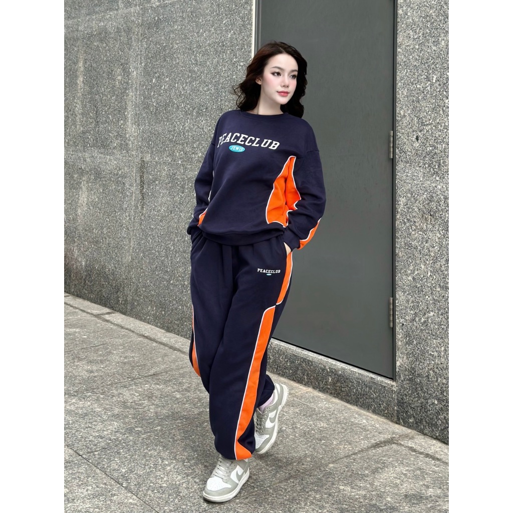 Set Nỉ PEACECLUB Jewis Áo Sweater Mix Quần Jogger Xanh Than Phối Cam Phong Cách Thể Thao Cá Tính - J