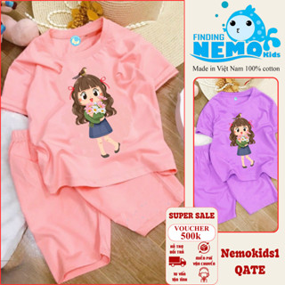 Bộ Đồ Bé Gái In Hình Cô Gái Hoa | Vải Thun Co Giãn 4 Chiều, Mềm Mát, Cho Bé 8–25kg – Nemokids