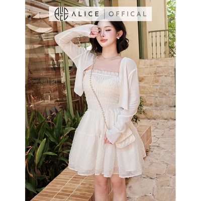 Set Váy Tiểu Thư Alice, Đầm Tơ Chấm Bi Dáng Chun Cúp Ngực Phối Áo Cadigan Mỏng Chất Chun Gân S978